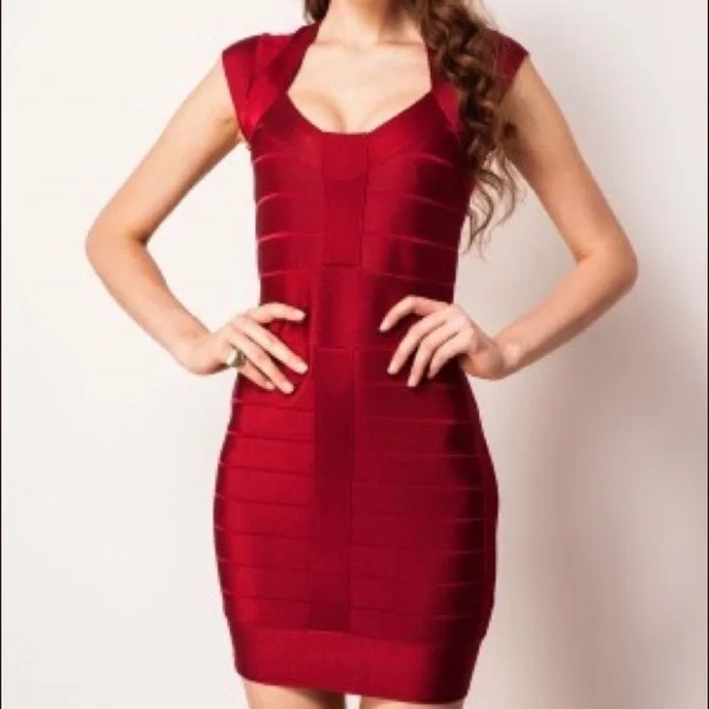 French Connection Red Cap-Sleeve Bandage  Dress
